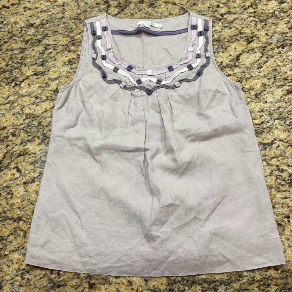 Boden Womens Linen Sleeveless Blouse Purple Ribbon Trim Scoop Neck Taupe Size 6